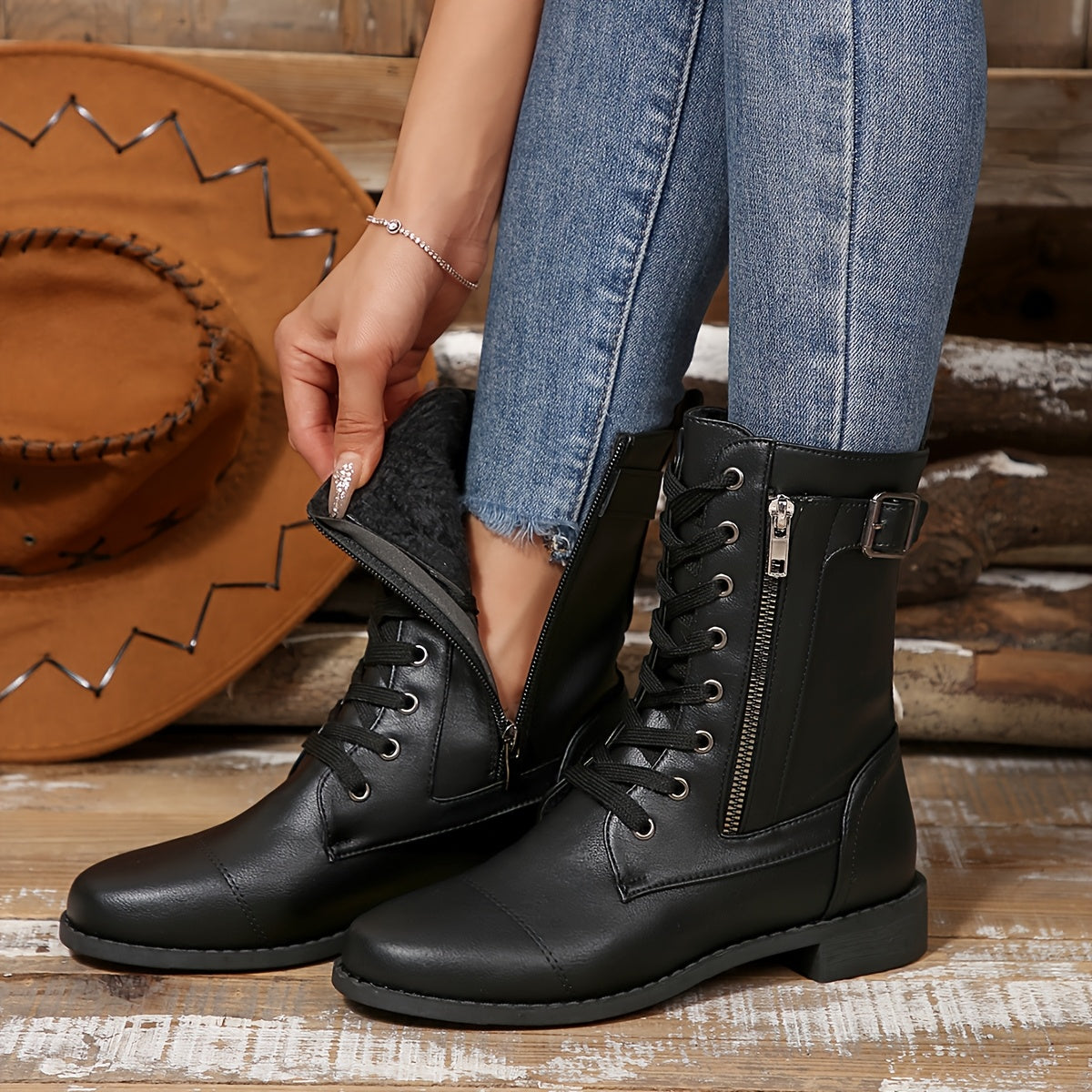 ZipRider – 🔥 Women's Zipper Leather Riding Boots with Wide Fit & Cushioned Sole