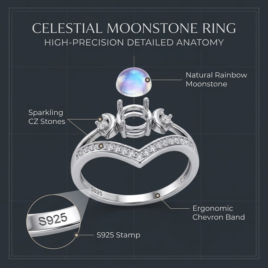 LunarShield – Triple Moon Goddess Natural Rainbow Moonstone Ring Set