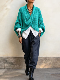 CrossKnit – 🤲⏰ Cozy Relaxed Batwing-Sleeve Crossover V-Neck Sweater