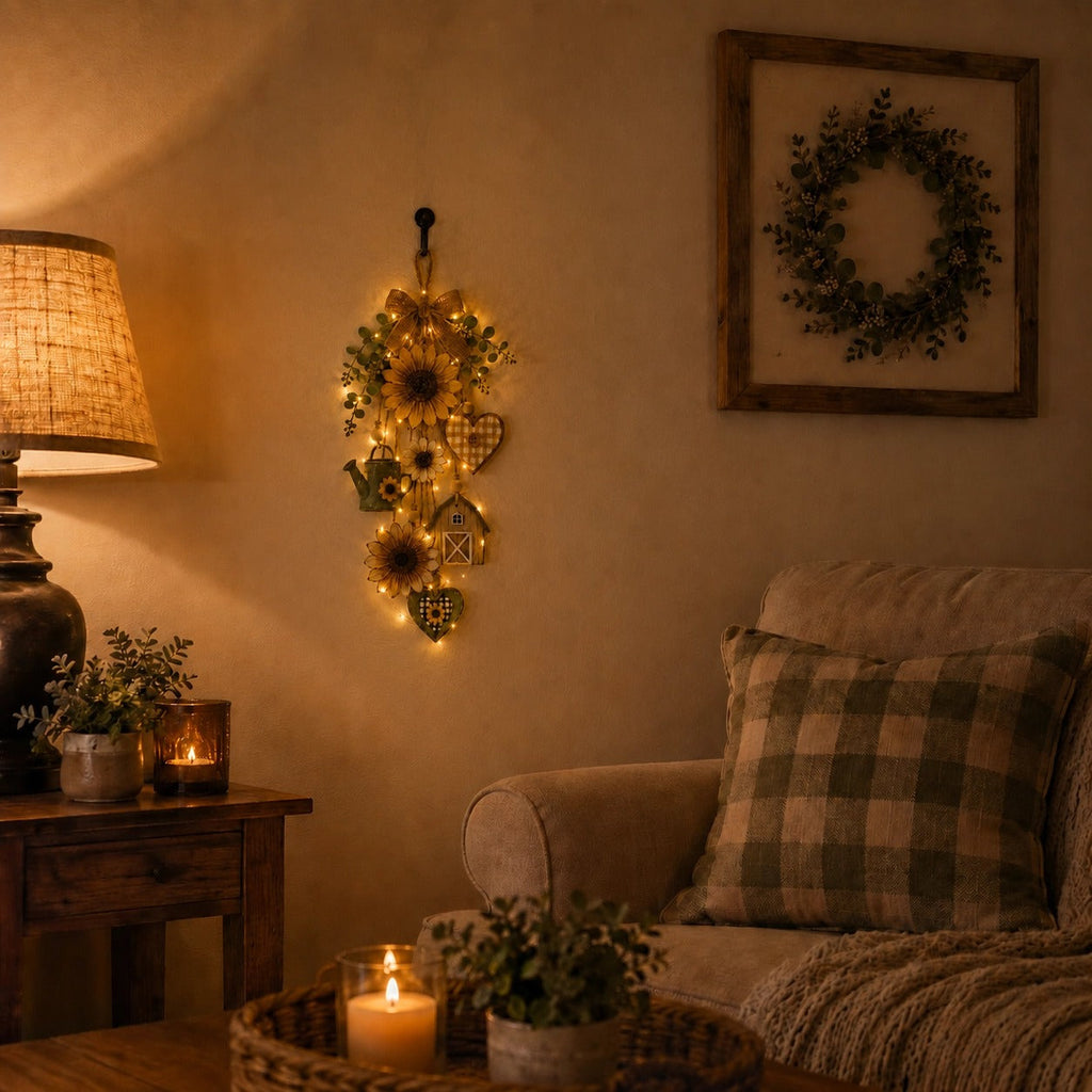 🌻SunnyHearth – Rustic Wooden Garden-Themed Hanging Ornament with Remote Control Fairy Lights