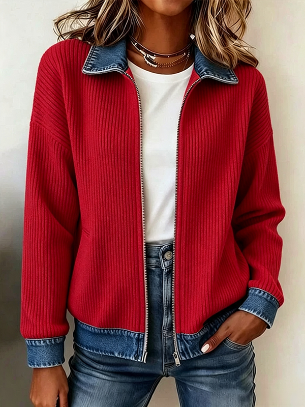 DenimRib – 🎁🔥 Women's Casual Ribbed Knit Zip-Up Jacket with Contrast Denim Details