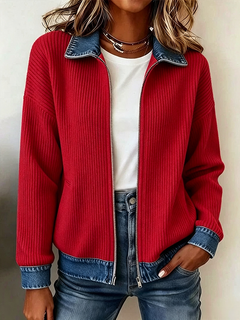 DenimRib – 🎁🔥 Women's Casual Ribbed Knit Zip-Up Jacket with Contrast Denim Details