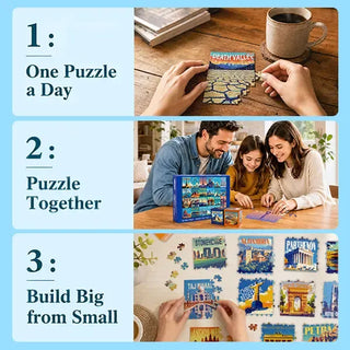 rokt&razo Travel Series, 24 Mini Pack 1000 Pieces Jigsaw Puzzle, 8 Puzzle Stickers, 3 Themes: National Parks, World Heritage, Global City Tour