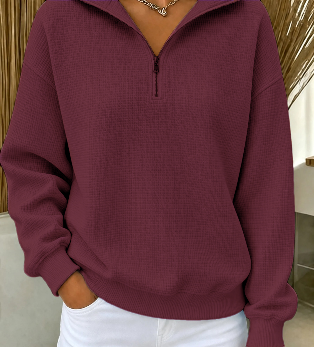 CozyWaffle – 🔥 Women's Waffle Knit Quarter-Zip Sweatshirt