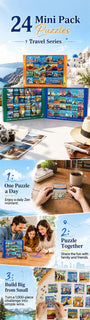 rokt&razo Travel Series, 24 Mini Pack 1000 Pieces Jigsaw Puzzle, 8 Puzzle Stickers, 3 Themes: National Parks, World Heritage, Global City Tour, Daily Puzzle, Family Game Night, Finished Size 27.5 x 19.7 in