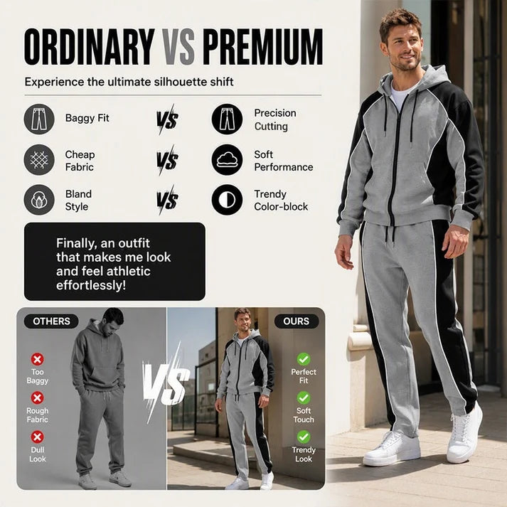 ✨ StrideBlock – Men's Color-Block Zip-Up Hoodie & Sweatpants 2-Piece Set