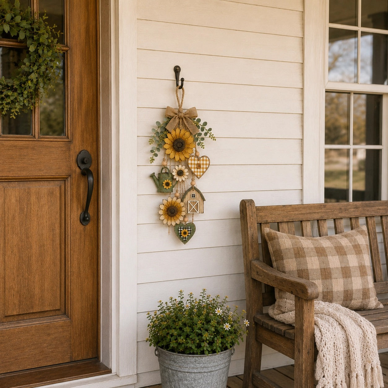 🌻SunnyHearth – Rustic Wooden Garden-Themed Hanging Ornament with Remote Control Fairy Lights