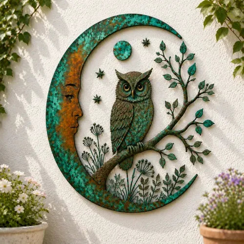 Metal Crescent Moon Owl Wall Art
