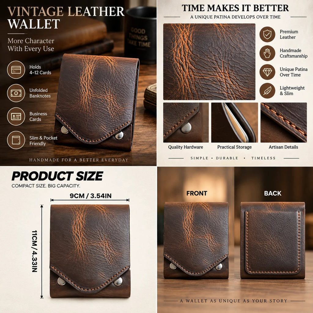 🎁PatinaFold – Vintage Handmade Leather Wallet With Business Card Holder