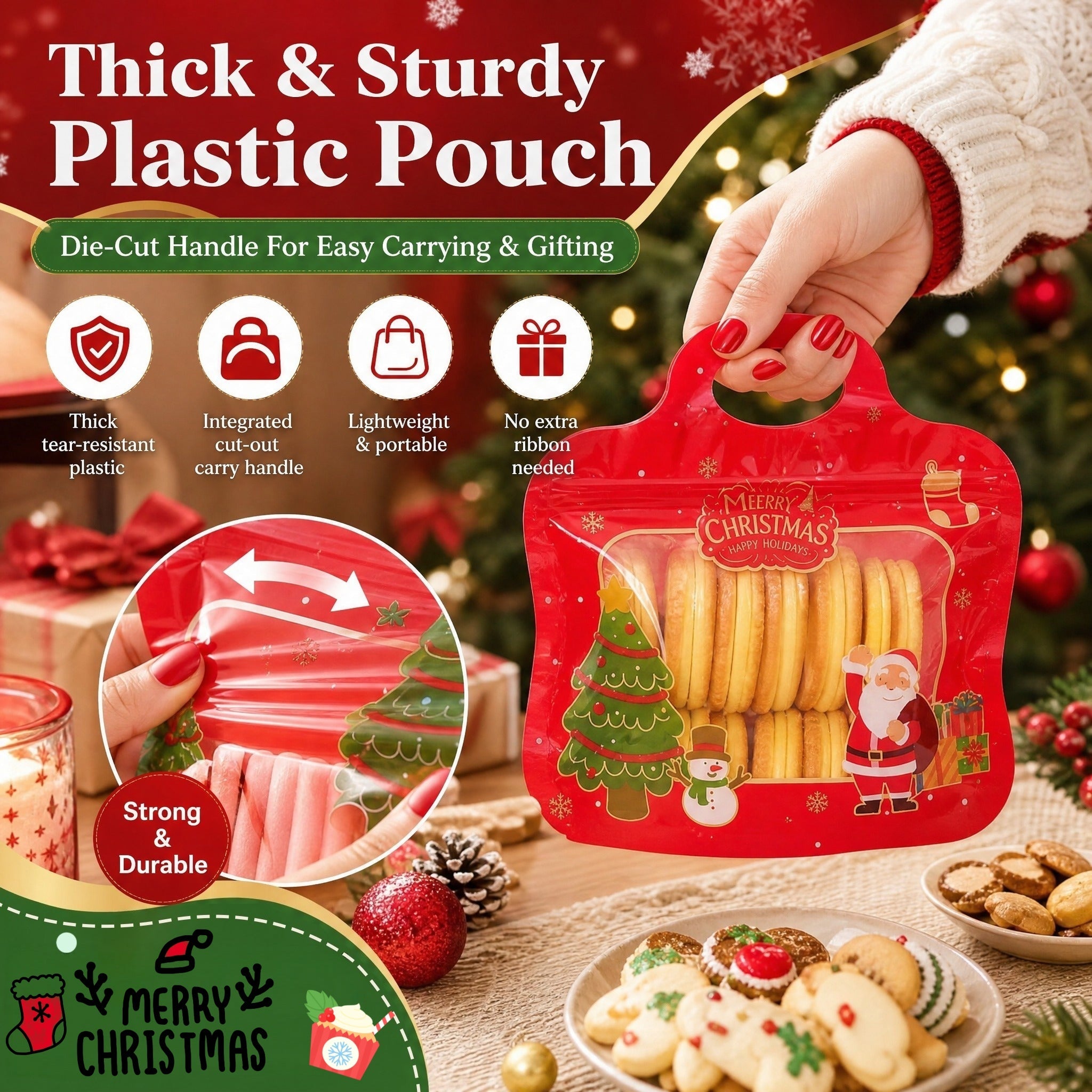 MerryZip – 💖🎁 Easy Fill, Easy Seal 🎄 Festive Self-Seal Treat Bags with Santa & Snowman Print, Resealable, Food-Safe & Perfect for Cookies, Chocolates & Little Gifts 🎅⛄