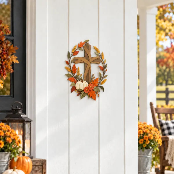 ✝️🍂 Autumn Cross & Pumpkin Harvest Metal Wall Decor