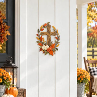 ✝️🍂 Autumn Cross & Pumpkin Harvest Metal Wall Decor