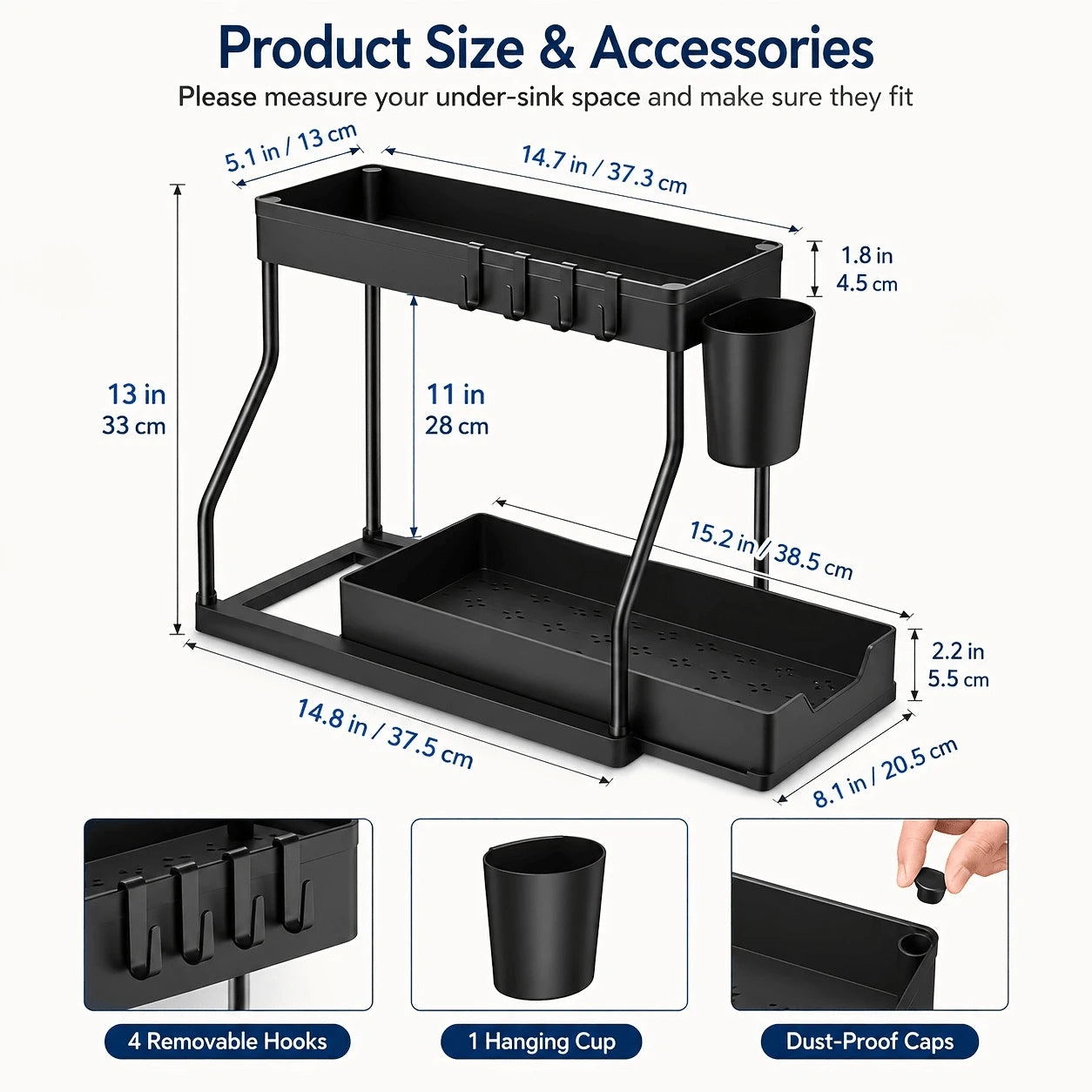 TidyTier – 2-Pack Pull-Out Under-Sink Organizers, 2-Tier Sliding Cabinet Shelves With Hanging Cups