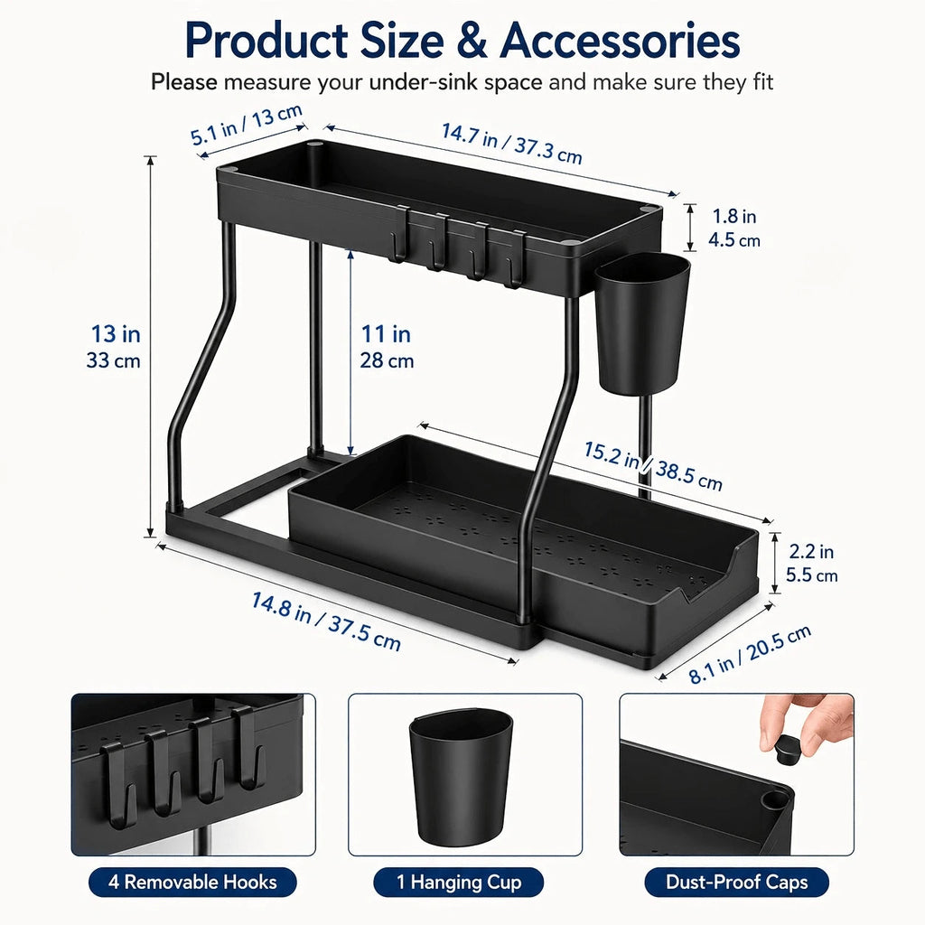 TidyTier – 2-Pack Pull-Out Under-Sink Organizers, 2-Tier Sliding Cabinet Shelves With Hanging Cups
