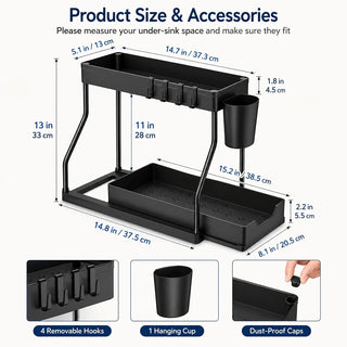 TidyTier – 2-Pack Pull-Out Under-Sink Organizers, 2-Tier Sliding Cabinet Shelves With Hanging Cups