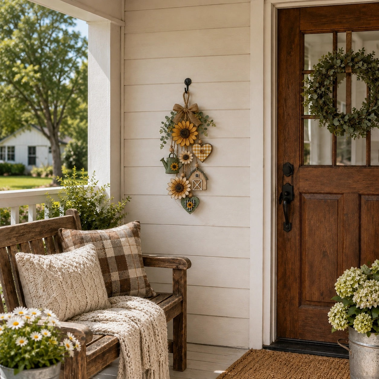 🌻SunnyHearth – Rustic Wooden Garden-Themed Hanging Ornament with Remote Control Fairy Lights