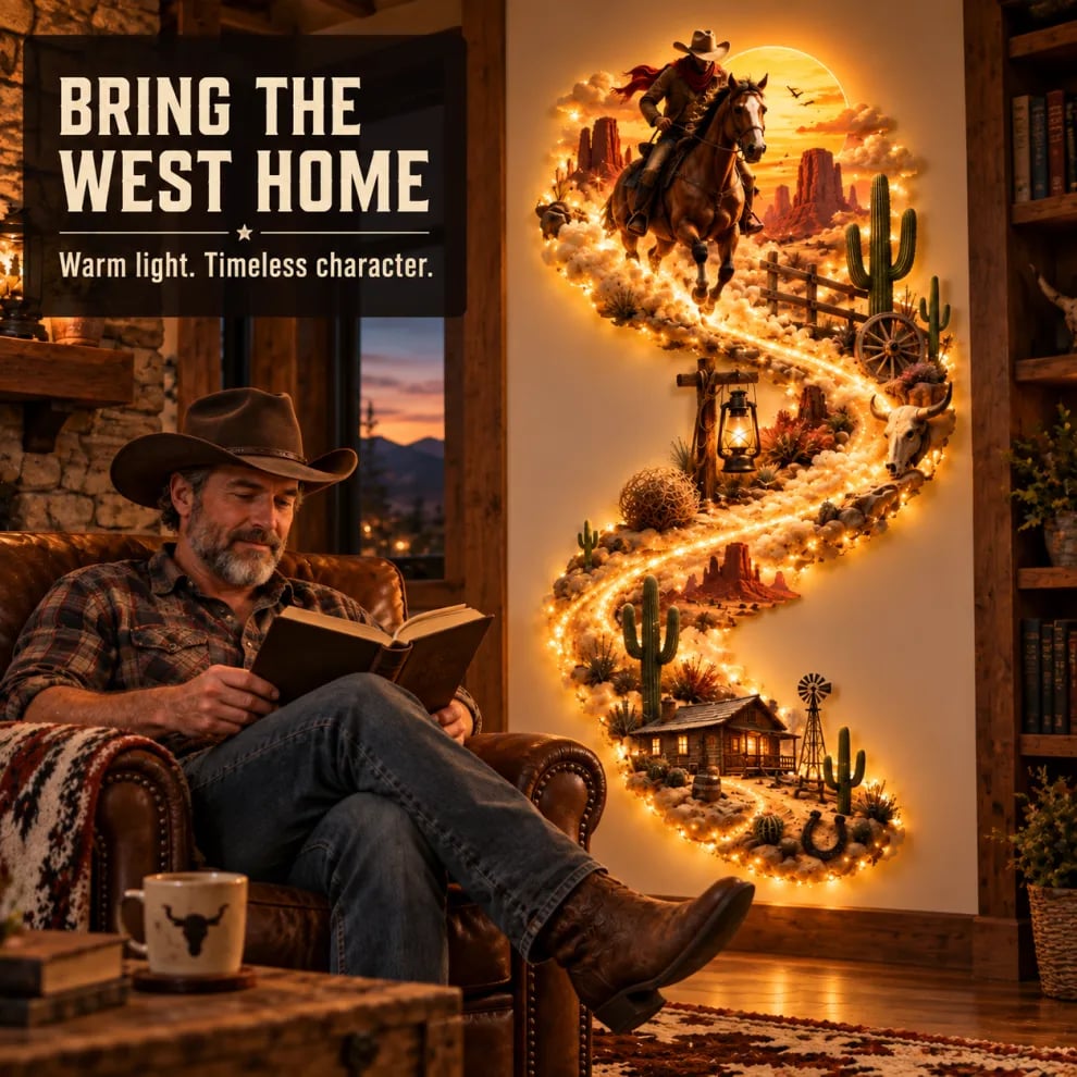🤠 TrailGlow – Western Cowboy LED Wall Decor, Lighted Wild West Desert Scene with Horseback Rider, Cactus & Ranch Details
