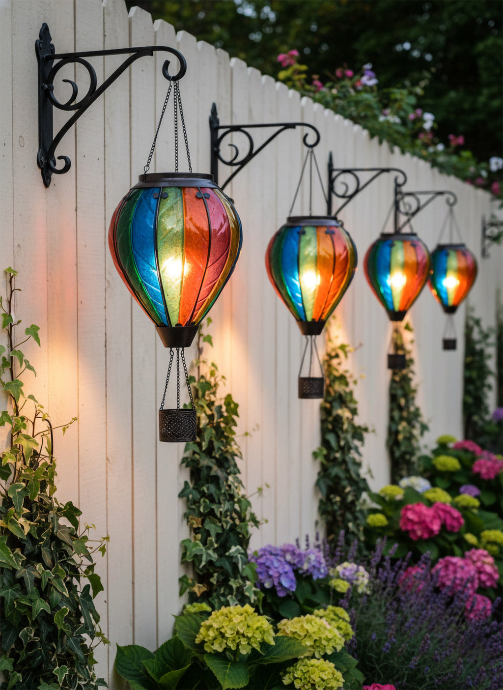 Colorful hot air balloon solar lanterns glowing warmly after dark