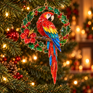 TropicGlow – Vintage Stained Glass-Style Parrot Christmas Ornaments