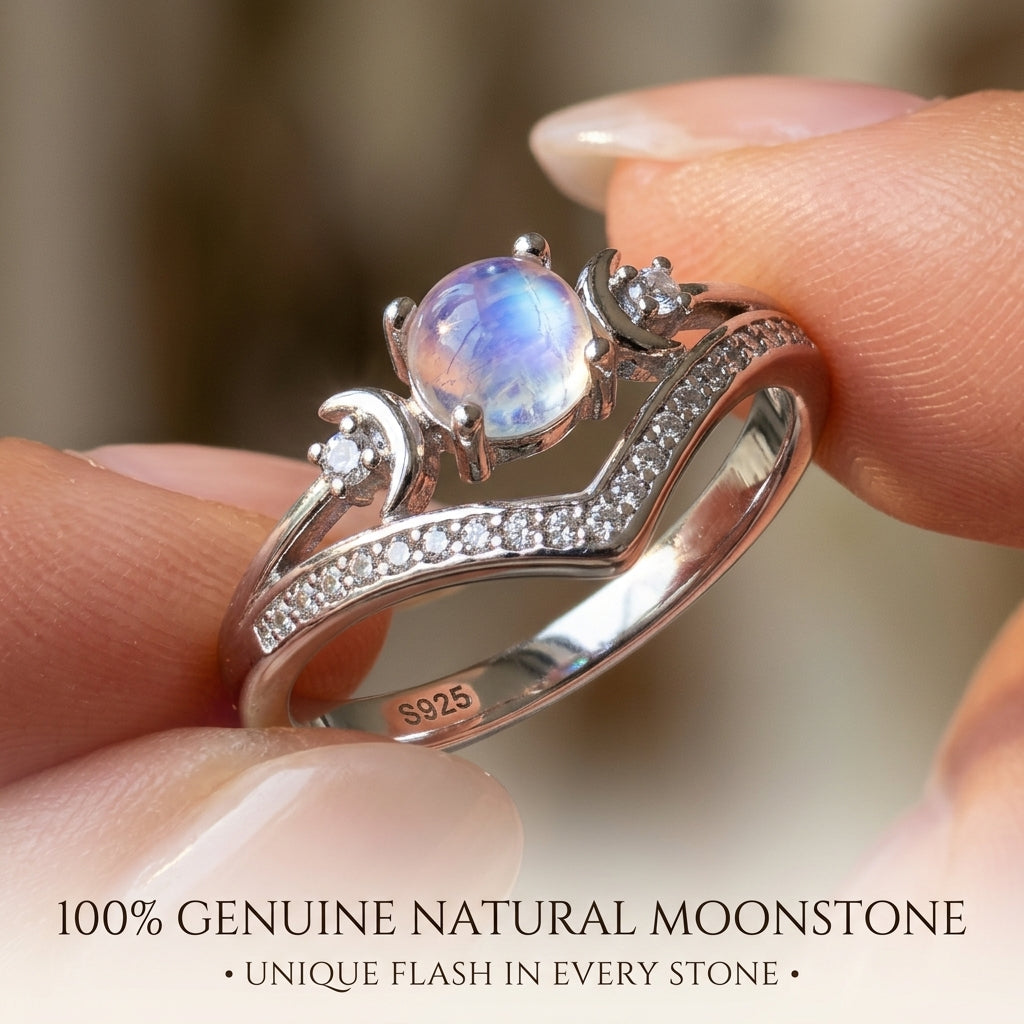 LunarShield – Triple Moon Goddess Natural Rainbow Moonstone Ring Set