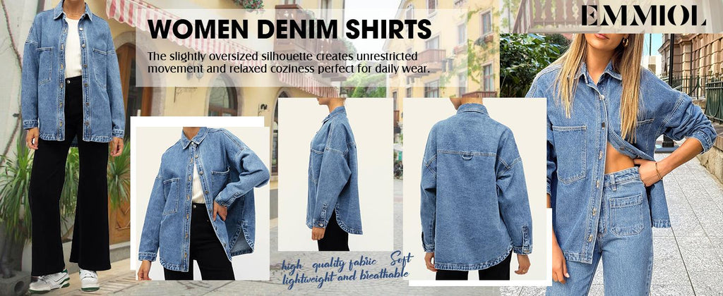 EMMIOL Women Oversized Denim Shirt Jacket Denim Shackets Long Sleeve Button Down Distressed Vintage Blue Jean Jacket Streetwear Summer Vibes Back to School Casual Basic SohoChic Womenswear