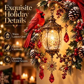 Close-up details of the cardinal lantern Christmas wall light