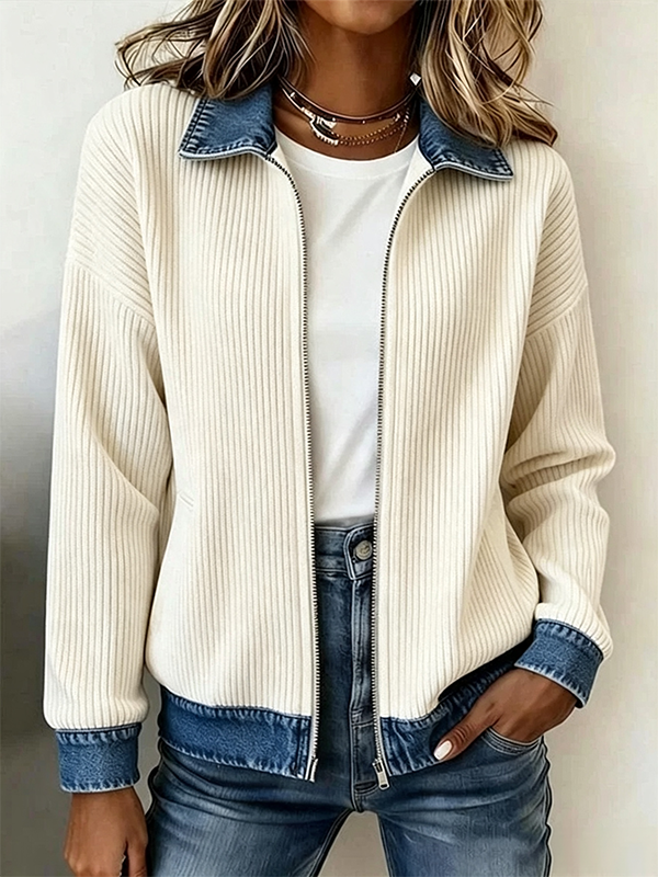 DenimRib – 🎁🔥 Women's Casual Ribbed Knit Zip-Up Jacket with Contrast Denim Details