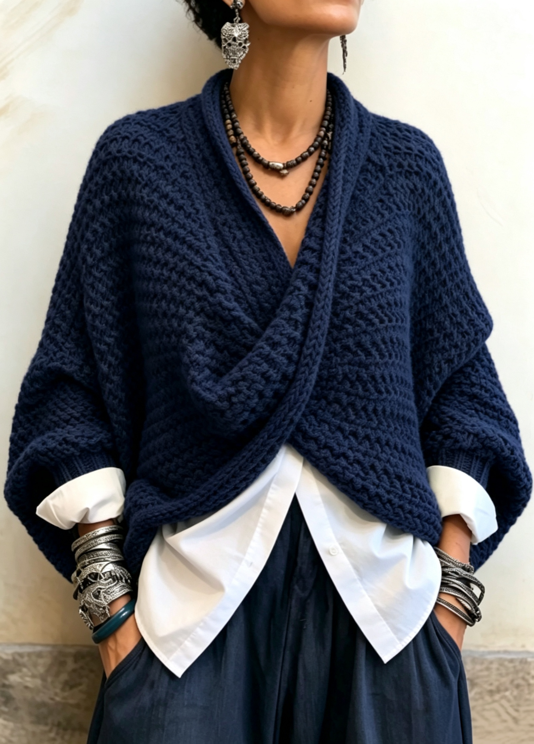 CrossKnit – 🤲⏰ Cozy Relaxed Batwing-Sleeve Crossover V-Neck Sweater