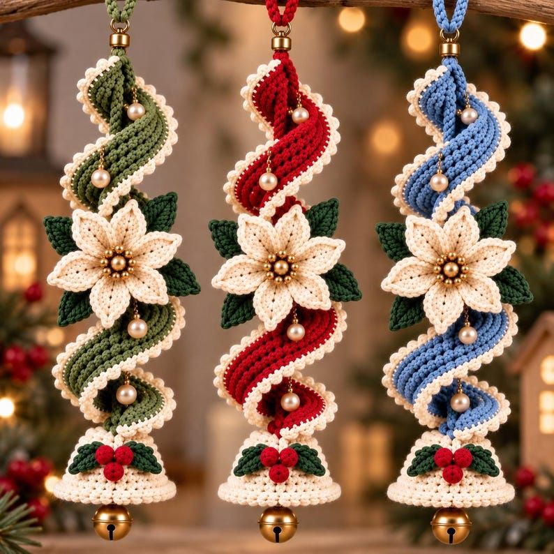 PoinsettiaTwirl – ✨✨ Handmade Spiral Poinsettia Christmas Bell Decoration for Door & Tree