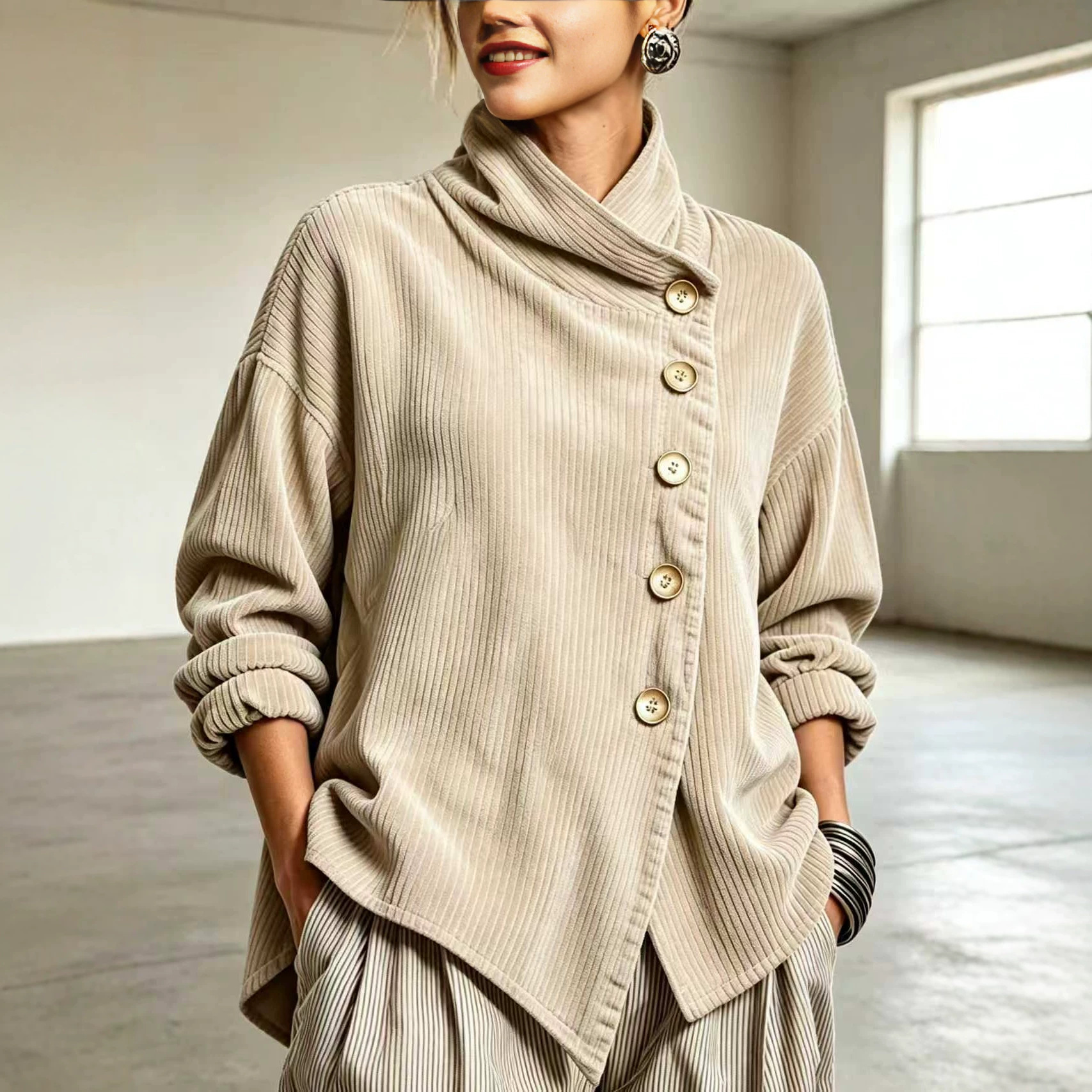 CordaWrap – 🤲⏰ Cozy Asymmetric Button-Accented Corduroy Top