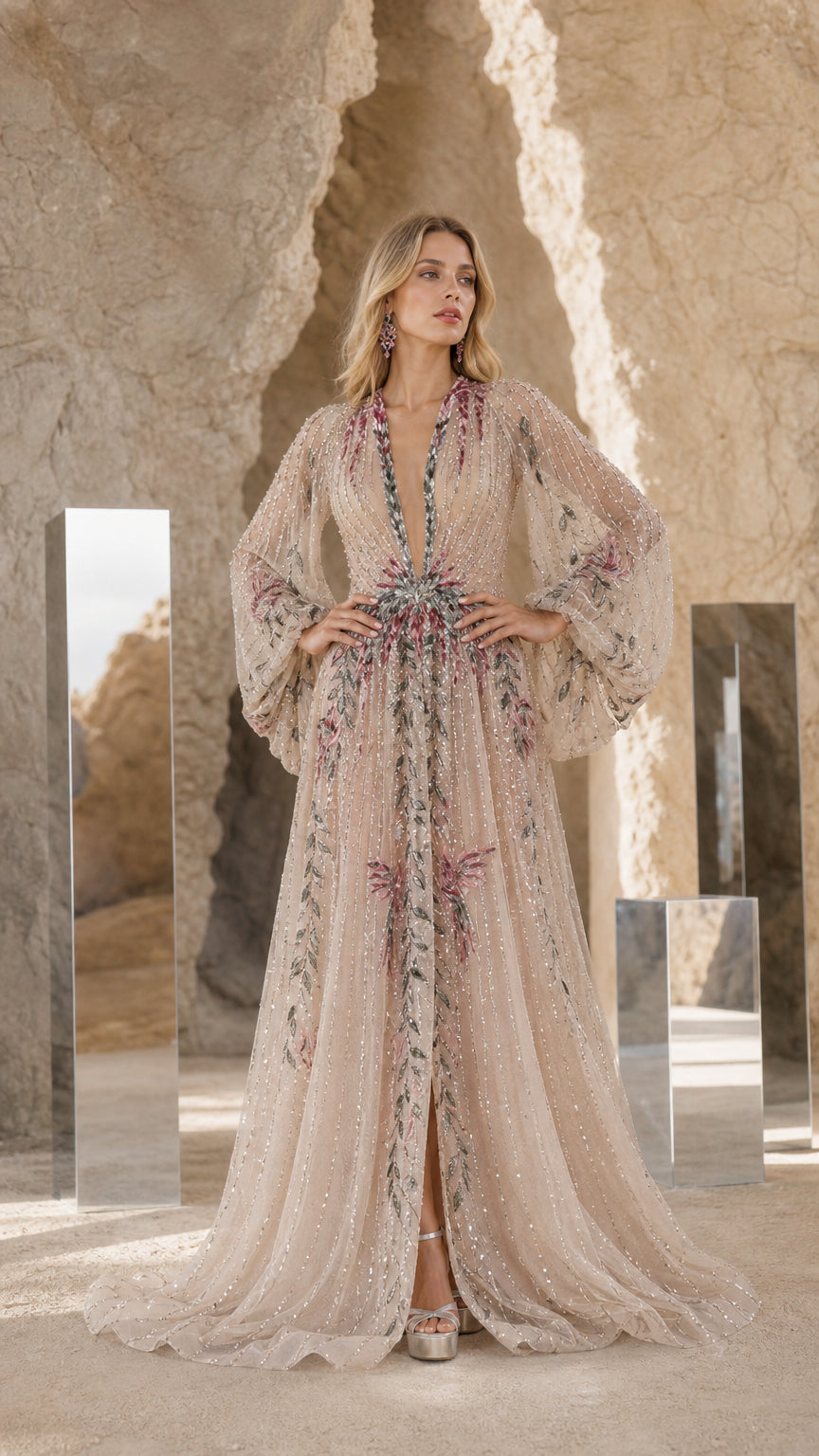 AuroraVeil – Embroidered Beaded Long-Sleeve Evening Gown