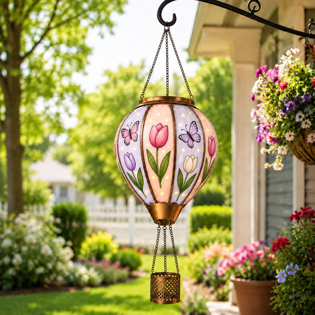 SkyGlow – Hand-Painted Hot Air Balloon Solar Lantern with Flame Effect