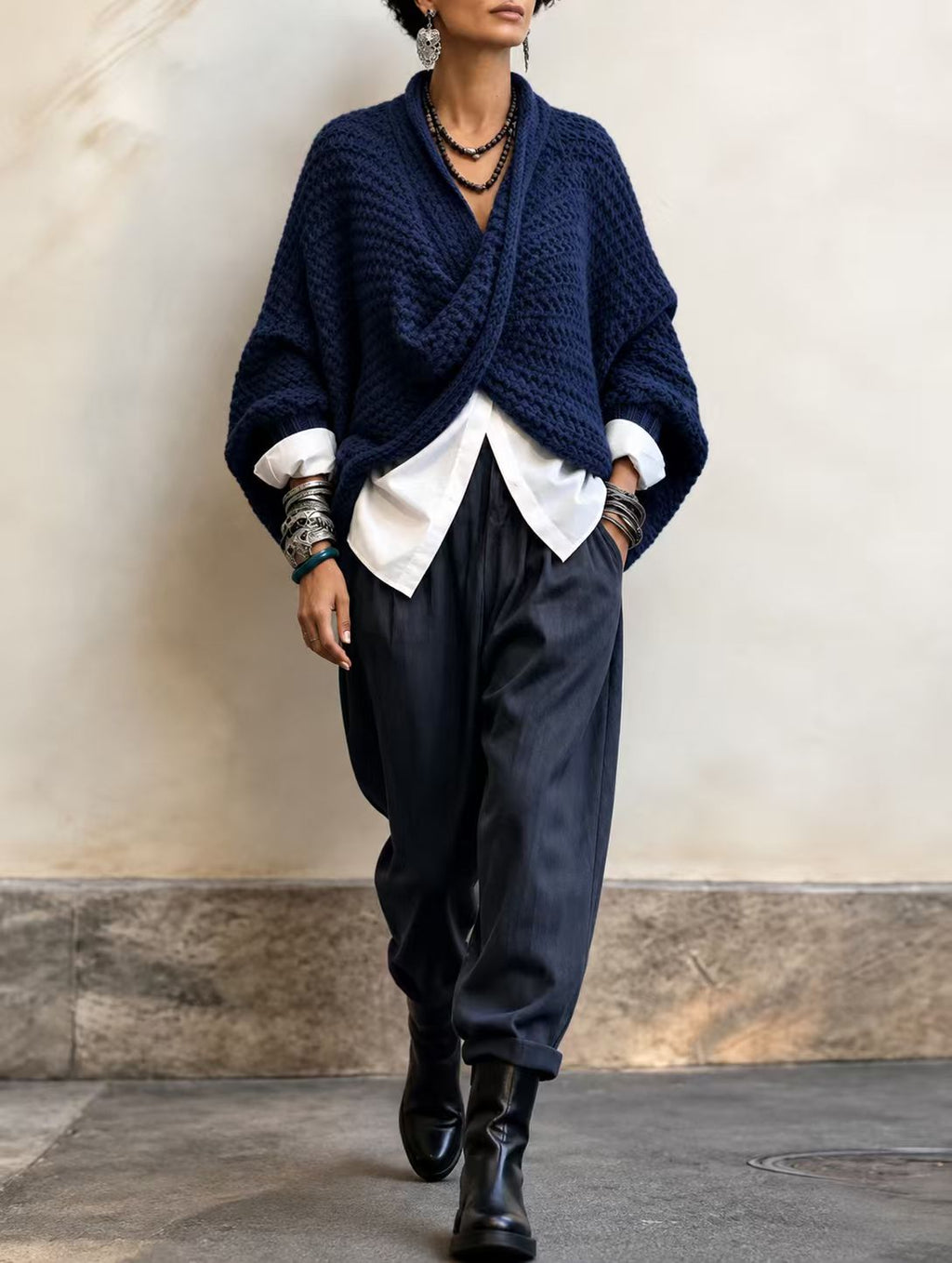 CrossKnit – 🤲⏰ Cozy Relaxed Batwing-Sleeve Crossover V-Neck Sweater