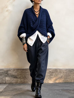 CrossKnit – 🤲⏰ Cozy Relaxed Batwing-Sleeve Crossover V-Neck Sweater