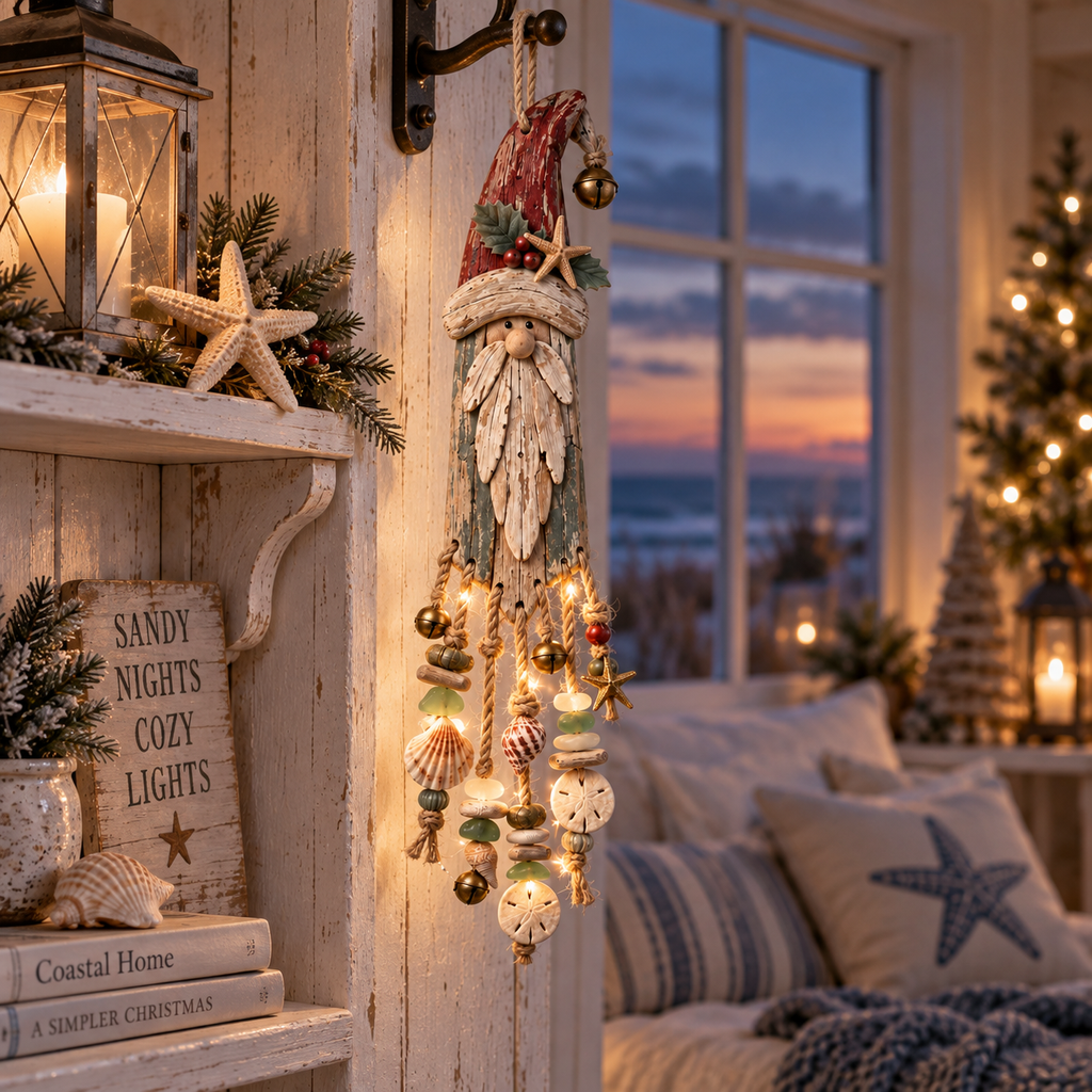 Vintage Coastal Santa Lighted Wall Decor – Beach House Christmas Hanging with Starfish, Shells & Warm Glow