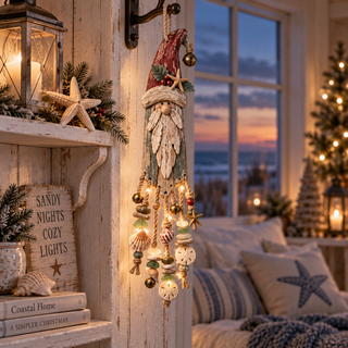 Vintage Coastal Santa Lighted Wall Decor – Beach House Christmas Hanging with Starfish, Shells & Warm Glow