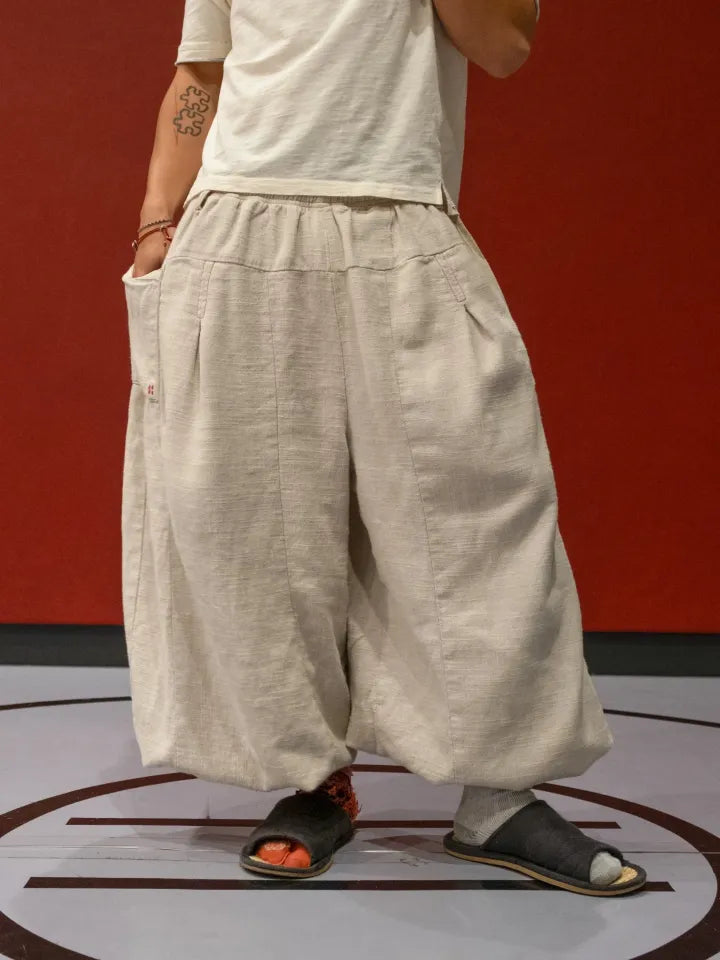 FLAX PLEATED WIDE-LEG PANTS