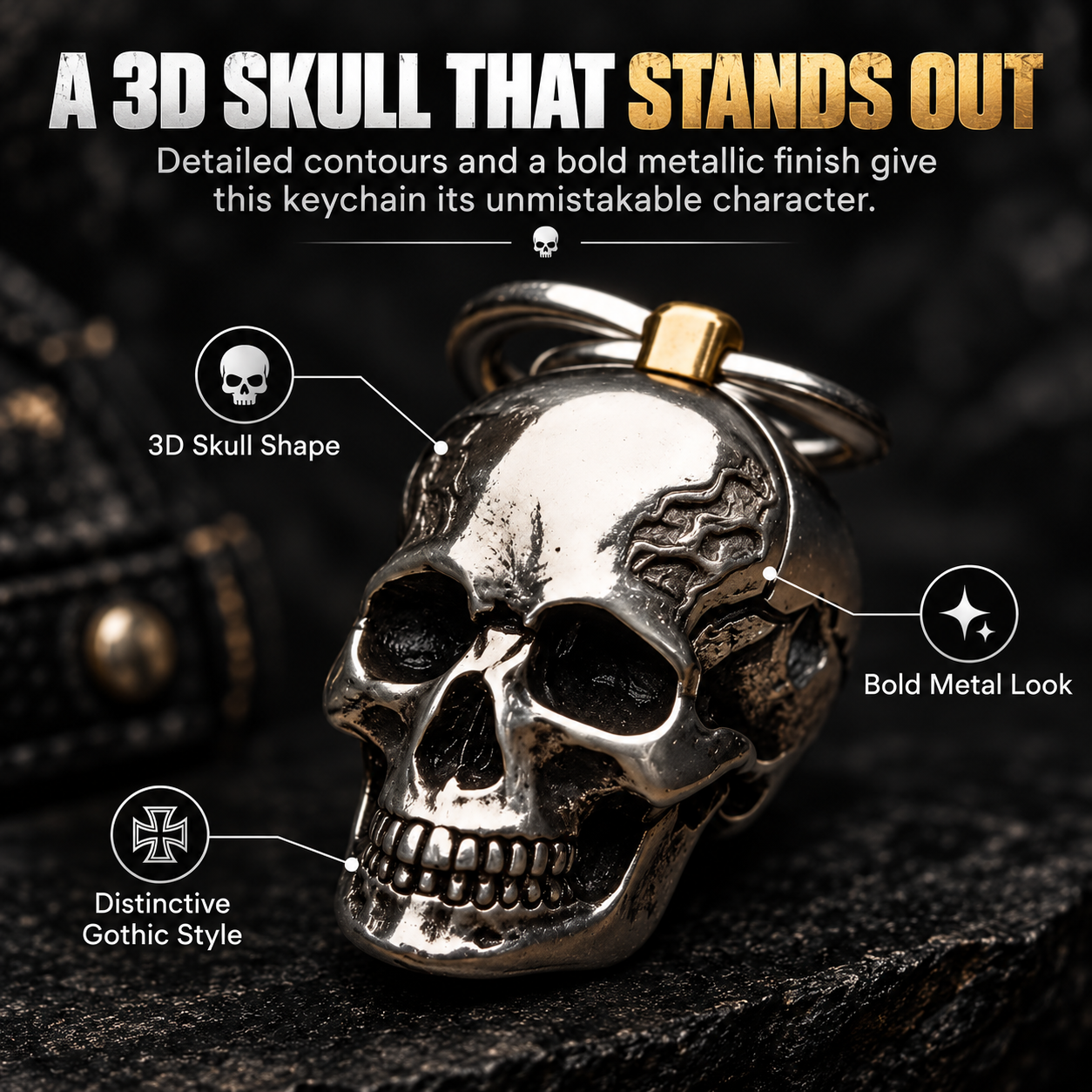🔑SkullForge – 3D Steel Skull Keychain, Gothic Biker EDC Key Ring
