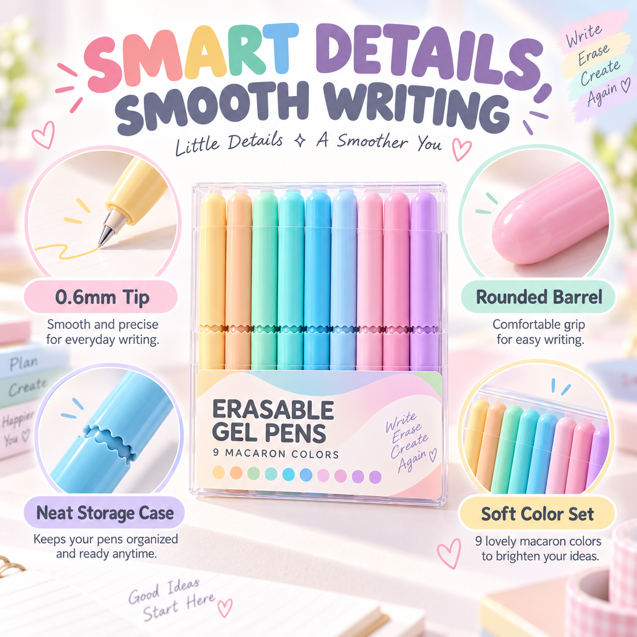 PastelGlide – 🏆✨ 9-Color Erasable Gel Pen Set