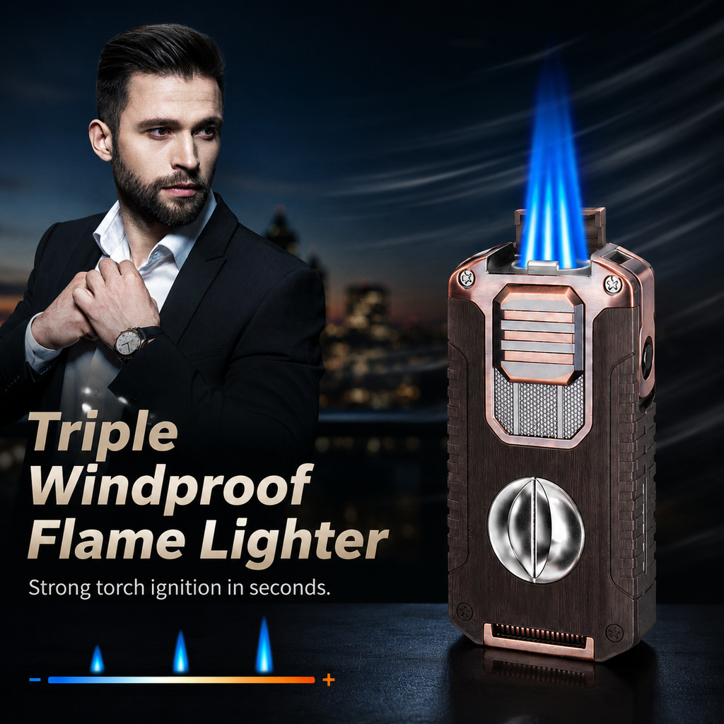TriFlame – Vintage-Inspired Refillable Triple Torch Lighter with Built-In Tools