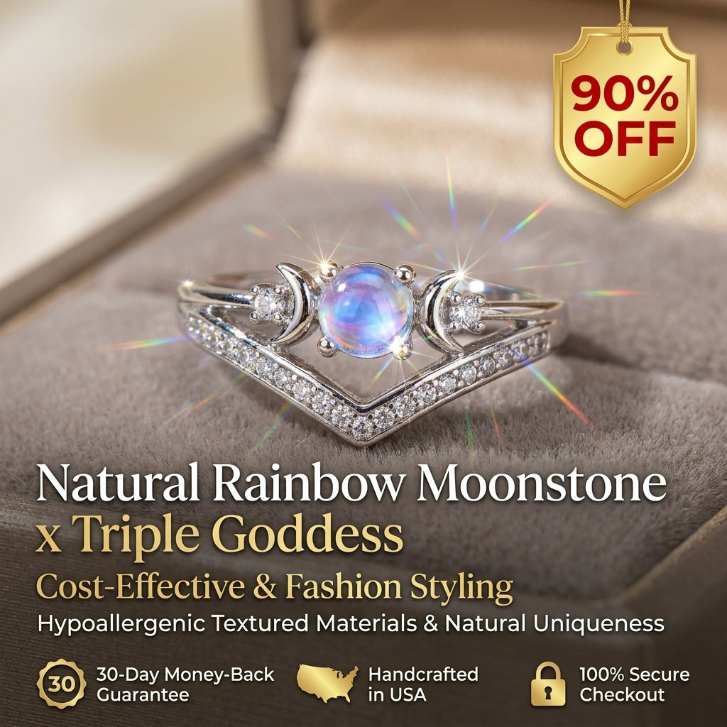 LunarShield – Triple Moon Goddess Natural Rainbow Moonstone Ring Set