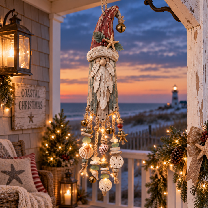SeasideNoel – Vintage Coastal Santa Lighted Christmas Door Hanger