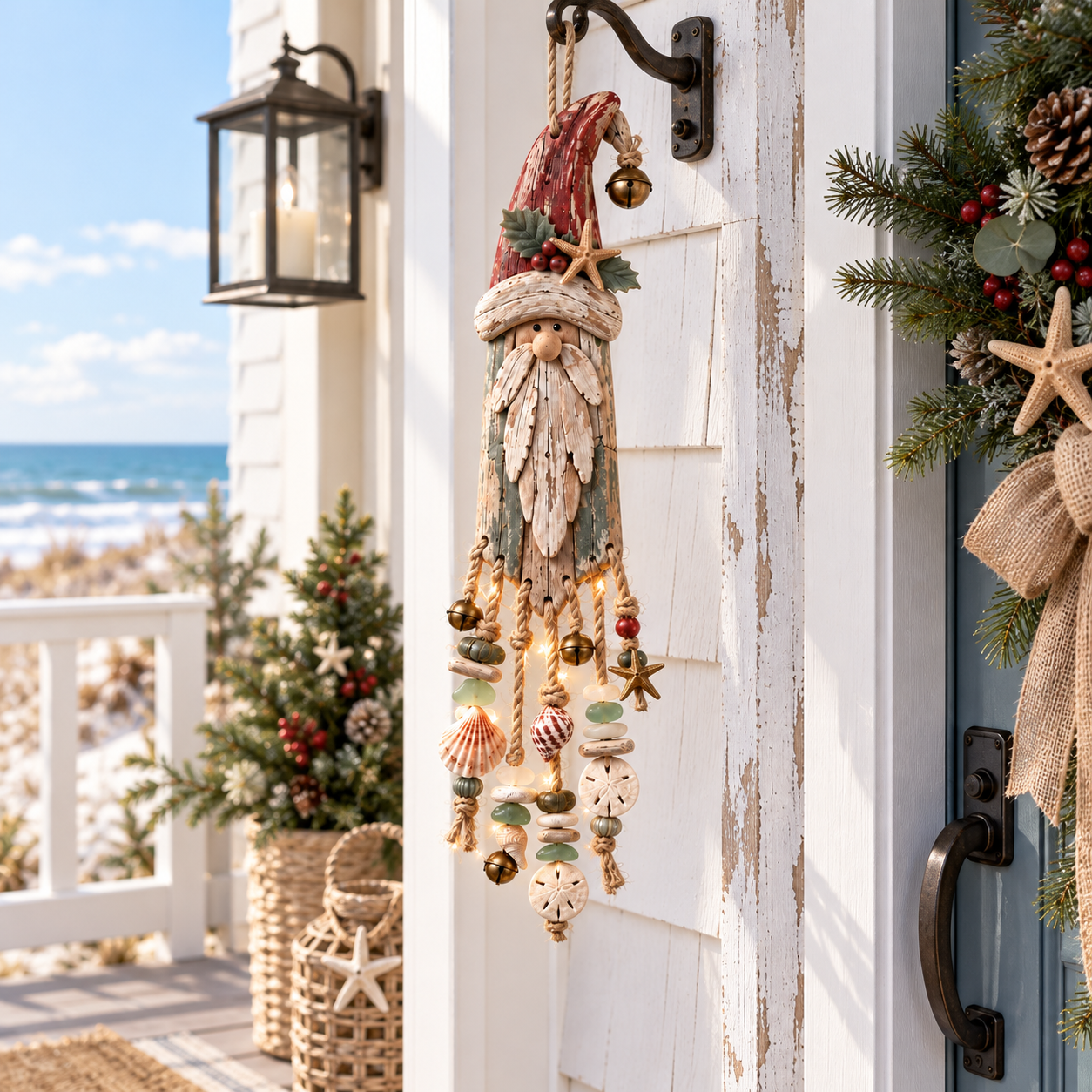 SeasideNoel – Vintage Coastal Santa Lighted Christmas Door Hanger