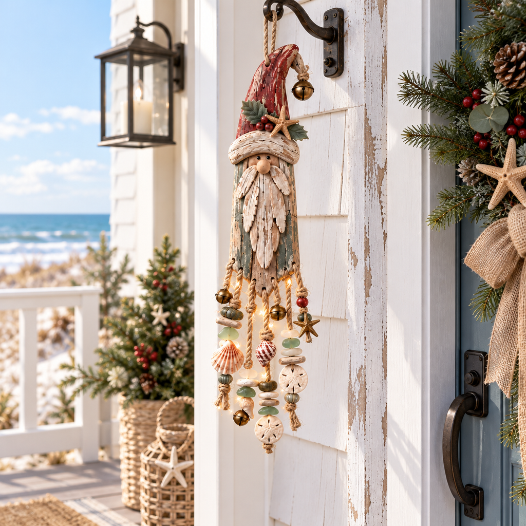 SeasideNoel – Vintage Coastal Santa Lighted Christmas Door Hanger