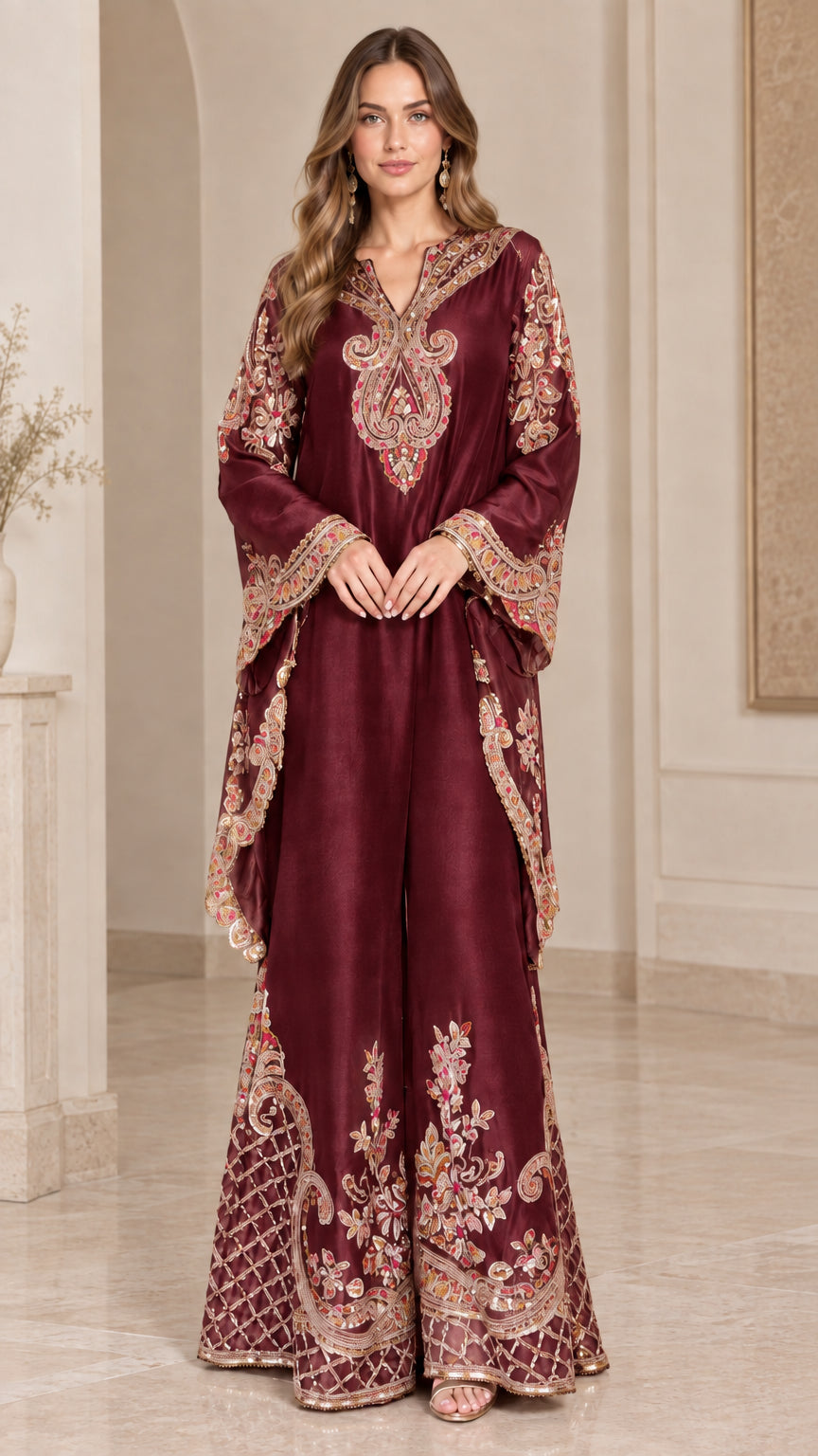 PaisleyGrace – Embroidered V-Neck Tunic and Wide-Leg Pants Set