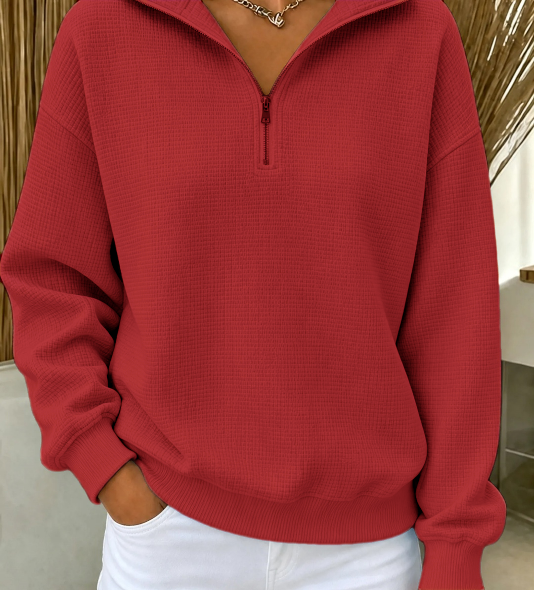 CozyWaffle – 🔥 Women's Waffle Knit Quarter-Zip Sweatshirt