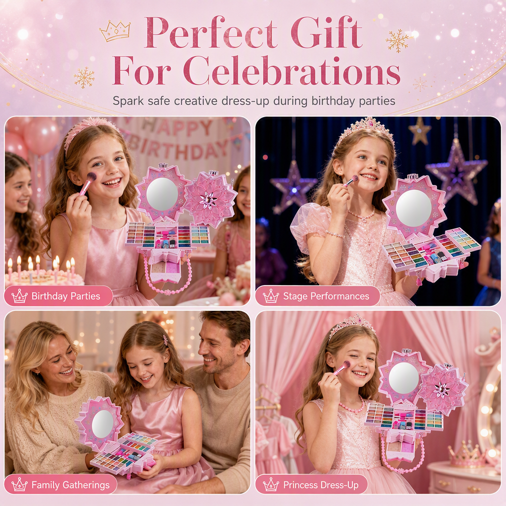 PrincessGlow – Washable Kids' Makeup Set with Revolving Trays & Portable Case 🎀