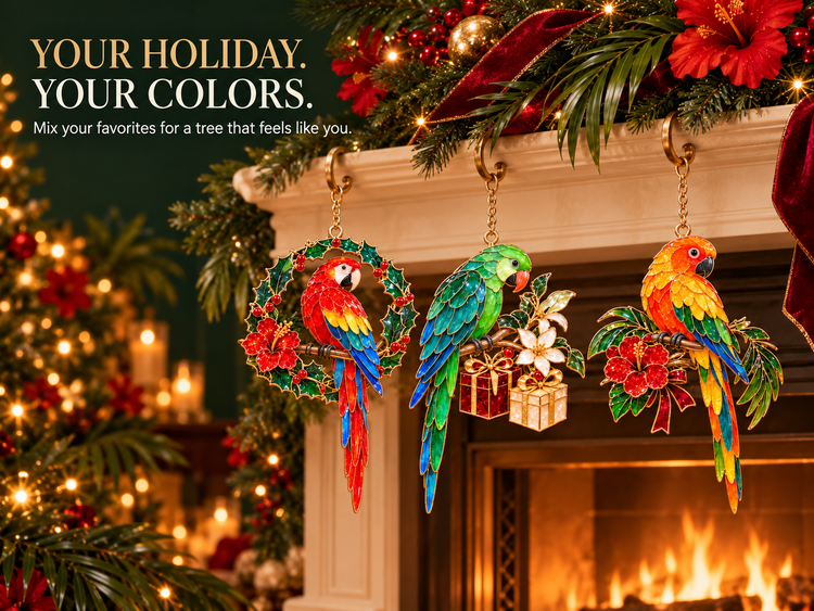 TropicGlow – Vintage Stained Glass-Style Parrot Christmas Ornaments