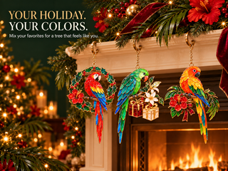 TropicGlow – Vintage Stained Glass-Style Parrot Christmas Ornaments