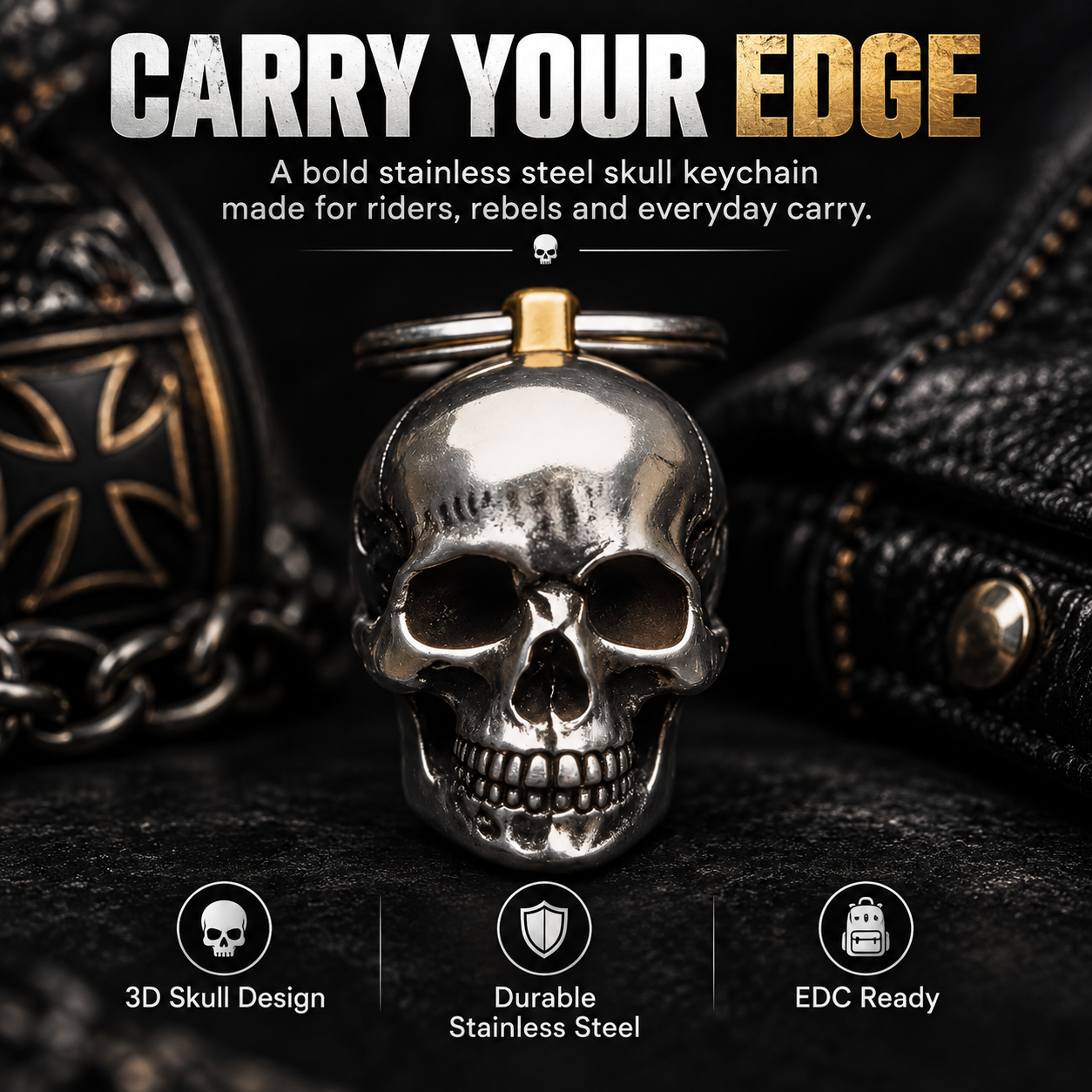 🔑SkullForge – 3D Steel Skull Keychain, Gothic Biker EDC Key Ring